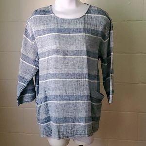 Pure Jill Blue Striped Blouse 3/4 Sleeve Cotton/Linen Blend J Jill Size Medium